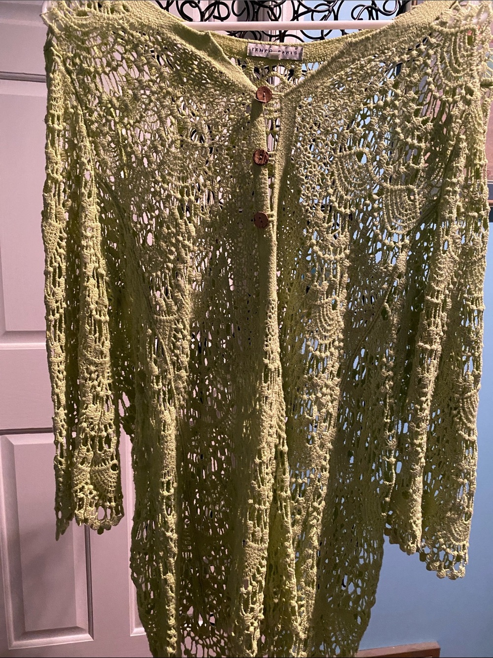 Size Large Designer Light Green Crochet Button-Front Women's Top